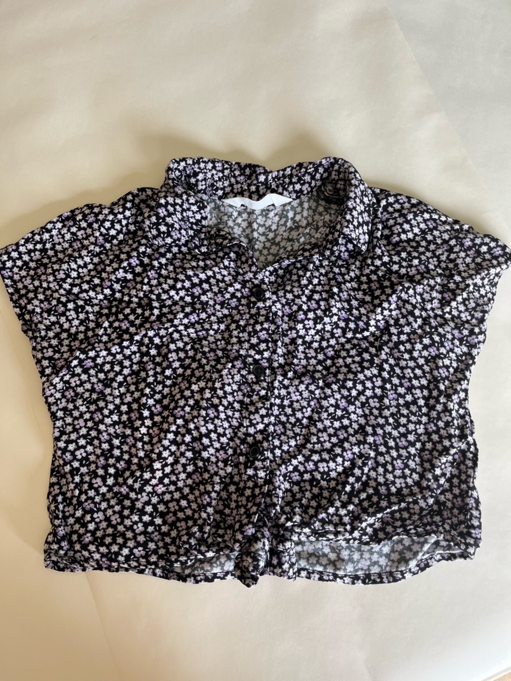 H&M Black Button-Front Top with Small Purple Floral Print